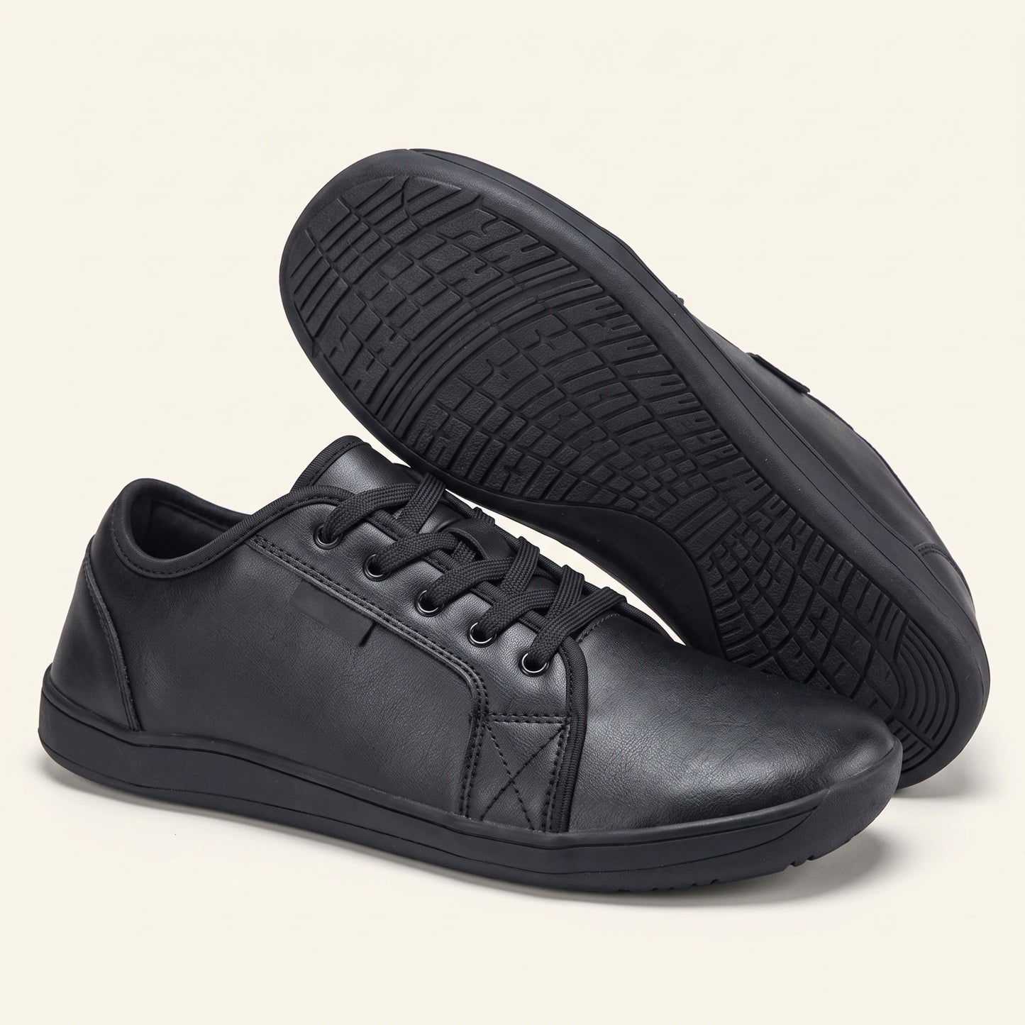 Close up view of the comfortable minimalist leather marching band shoes showing detailed stitching and texture wide toe box