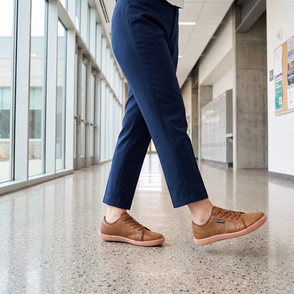 Close up view showing the soft leather texture and precise stitching of comfortable wide toe marching band shoes in — view 11