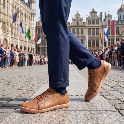 marching band shoes — Close up view of the comfortable minimalist leather sneakers showing detailed stitching and — view 12