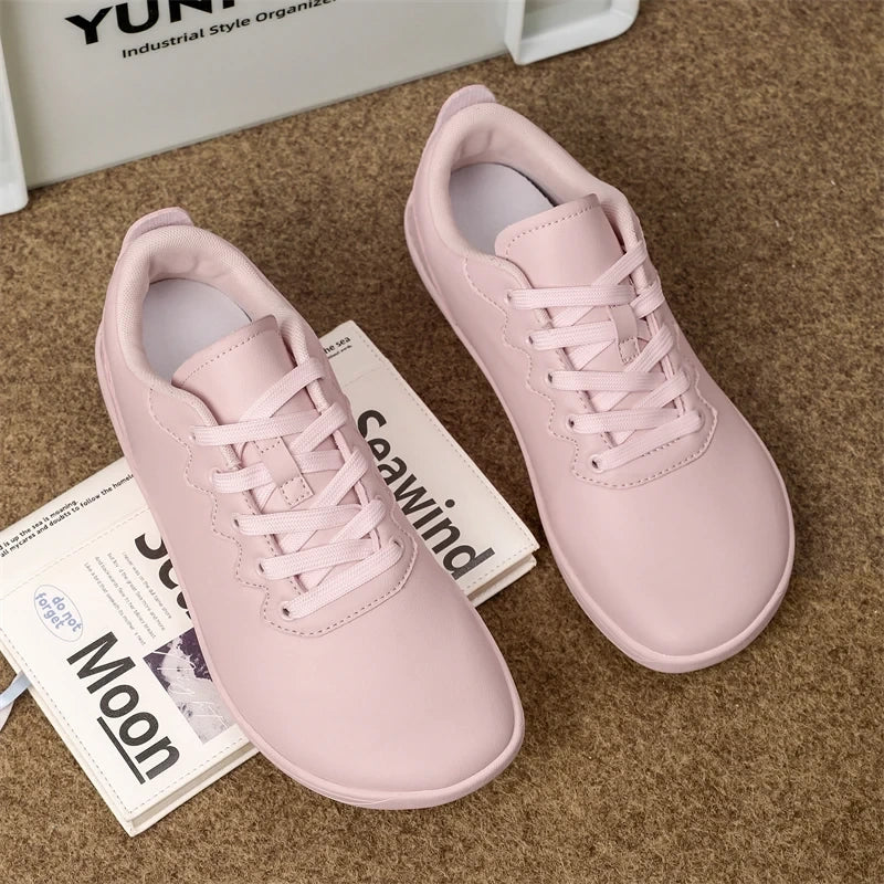 Pink breathable wide toe marching band shoes on a carpeted floor, top view — 4 — view 5