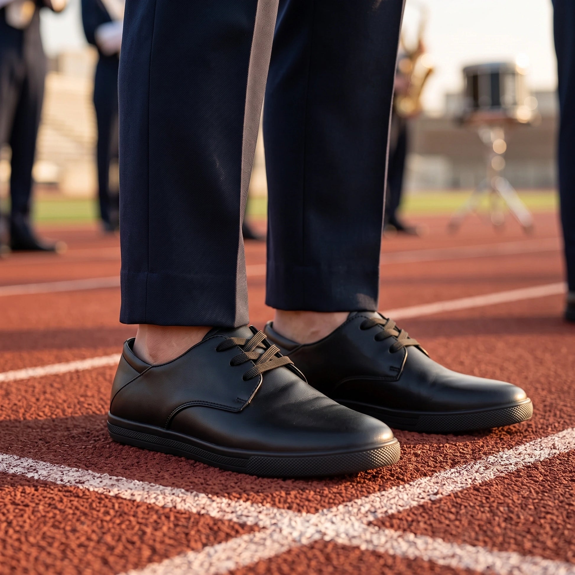 Close up of the comfortable breathable marching band shoes showing high quality split leather fabric and precise — view 12