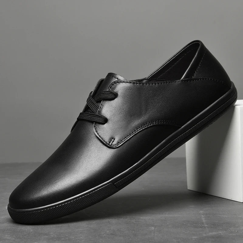Black marching band shoes with lace up design and low heel, side view — 7 — view 6