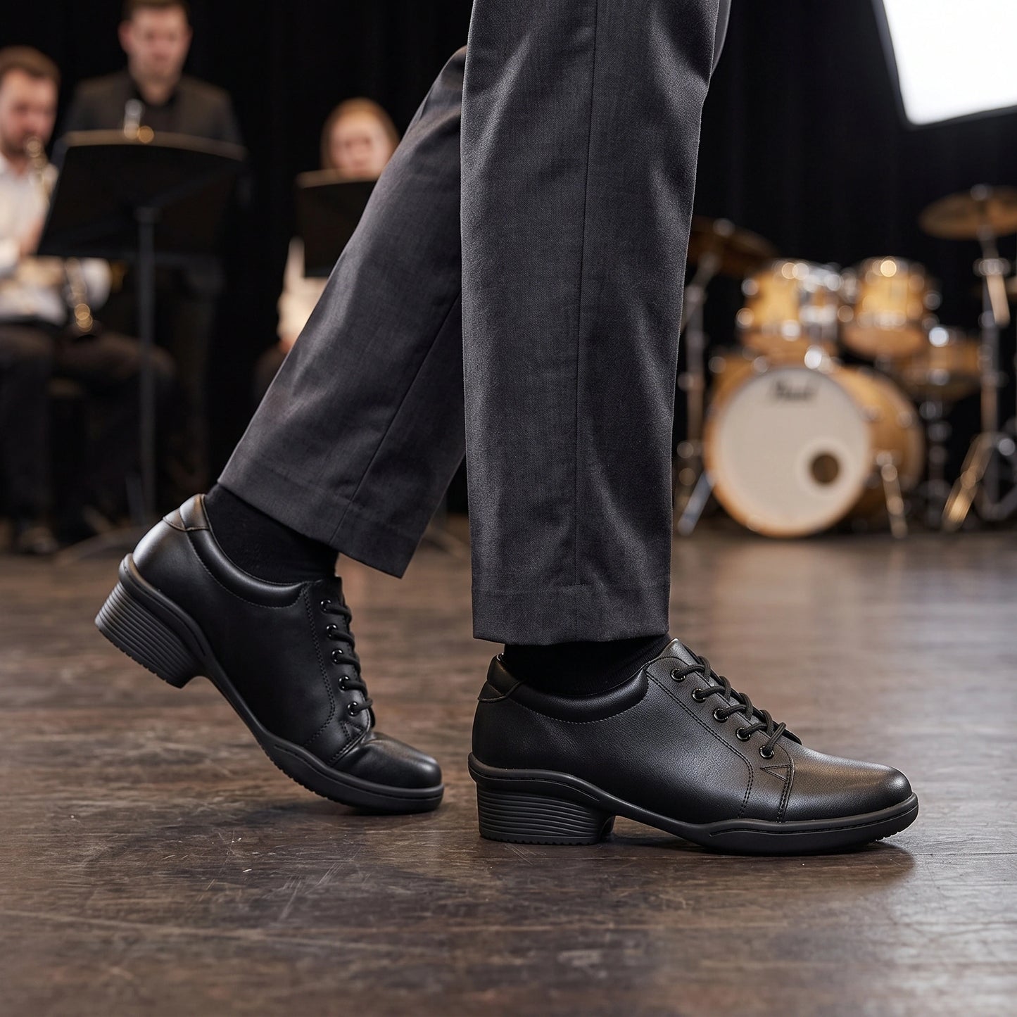 Close up view of the soft leather fabric and detailed stitching comfortable marching band shoes, showing their — view 12