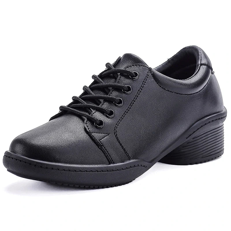 Black marching band shoes with lace up design and low heel, side view — 7 — view 5