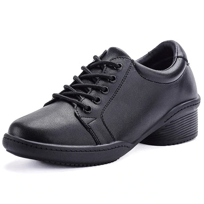 Black marching band shoes with lace up design and low heel, side view — 7 — view 5