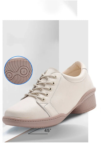 Comfortable marching band shoes in beige with lace up design and supportive sole, side view — 12 — view 7