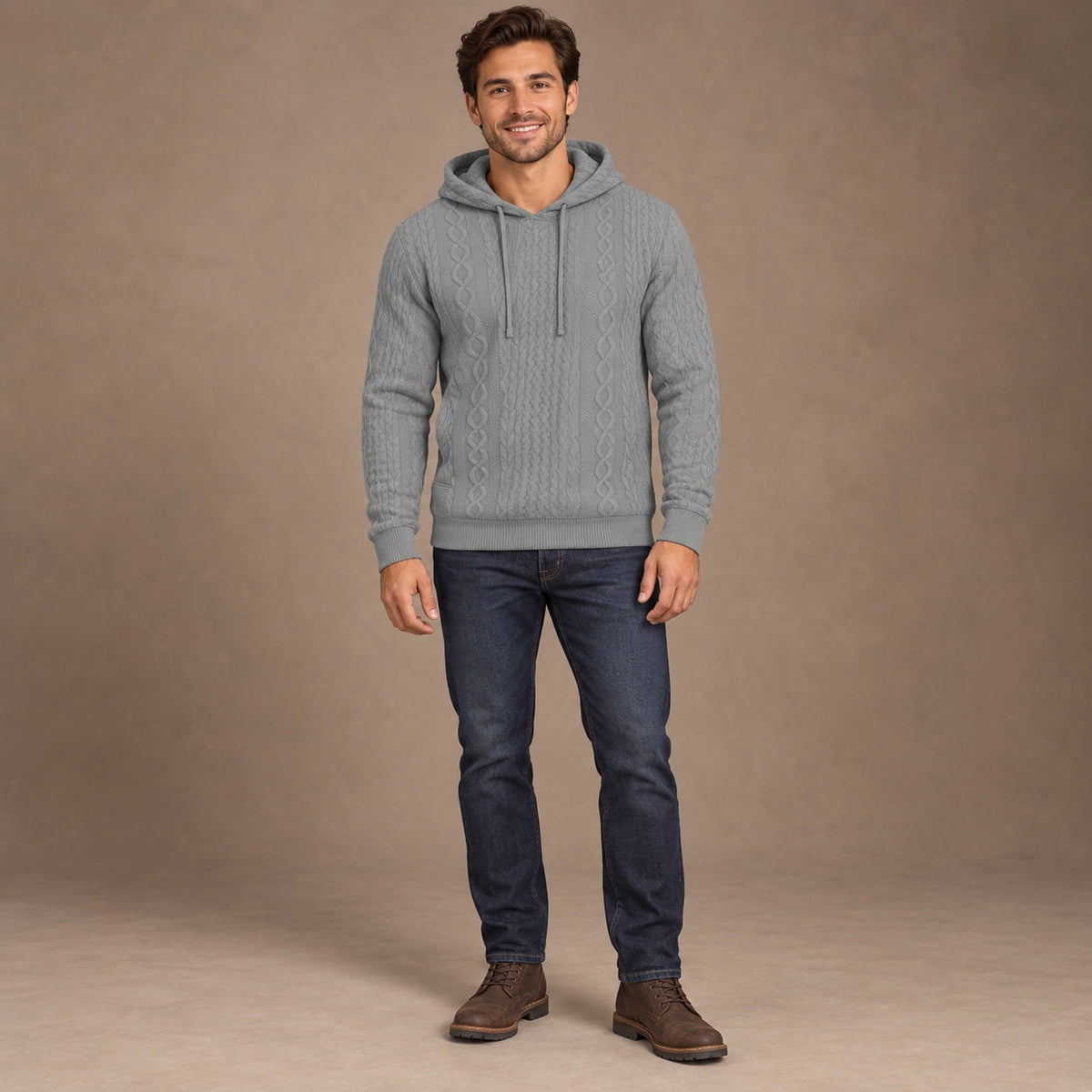 mens hoodie — Men's Cable Knit Pullover Hoodie — Milo, Gray, complete front view, worn by an adult model, professional image
