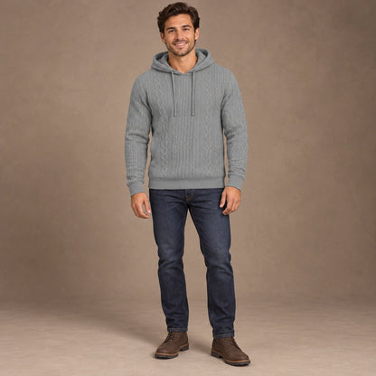 mens hoodie — Men's Cable Knit Pullover Hoodie — Milo, Gray, complete front view, worn by an adult model, professional image