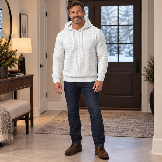 mens hoodie — Men's Cable Knit Pullover Hoodie — Milo, White, complete front view, worn by an adult model, Usa and — view 2