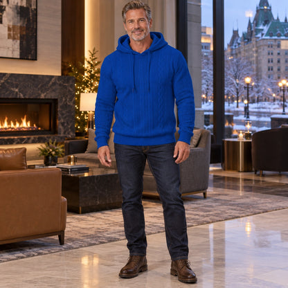mens hoodie — Men's Cable Knit Pullover Hoodie — Milo, Blue, complete front view, worn by an adult model, Usa and — view 4