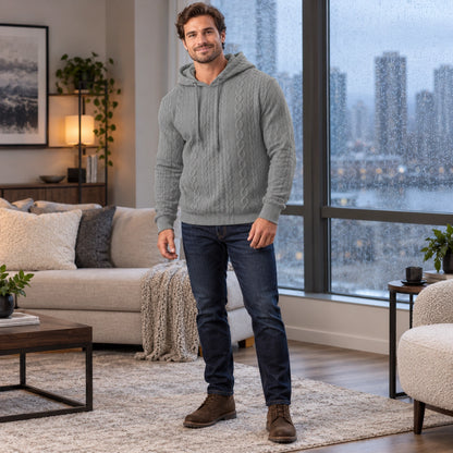 mens hoodie — Men's Cable Knit Pullover Hoodie — Milo, Gray, three quarter view, worn by an adult model, Usa and — view 5
