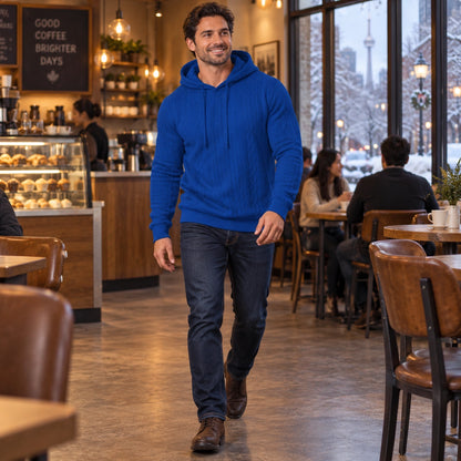mens hoodie — Men's Cable Knit Pullover Hoodie — Milo, Blue, view, worn by an adult model, Usa and Canada — view 7