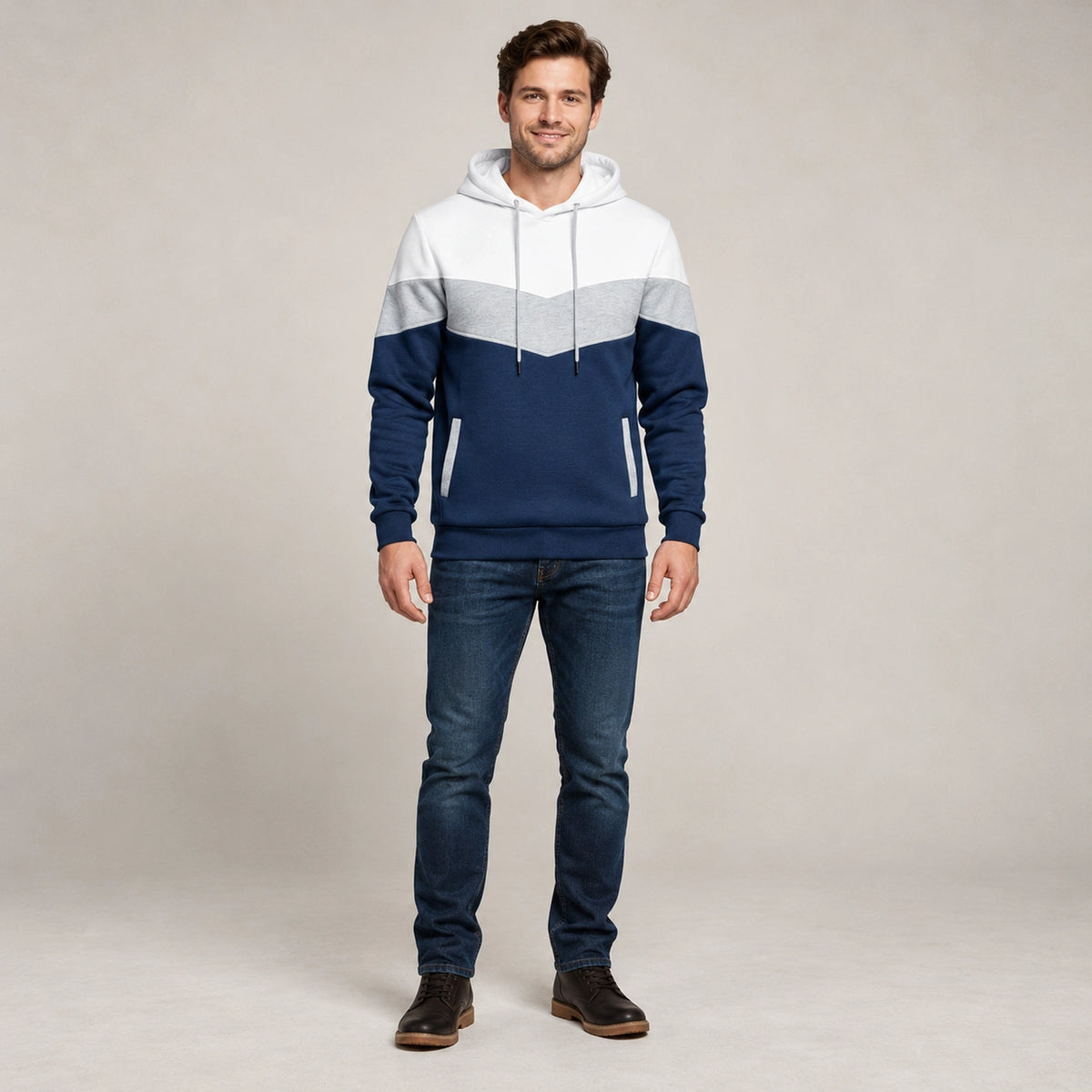 mens hoodie — Men's Color Block Pullover Hoodie — Timo, White, complete front view, worn by an adult model, professional