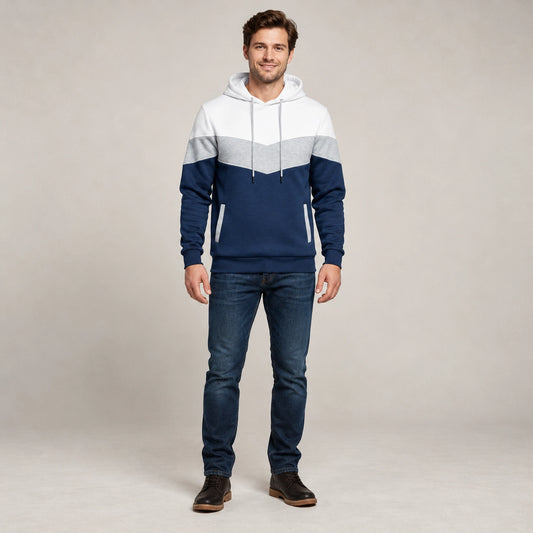 mens hoodie — Men's Color Block Pullover Hoodie — Timo, White, complete front view, worn by an adult model, professional