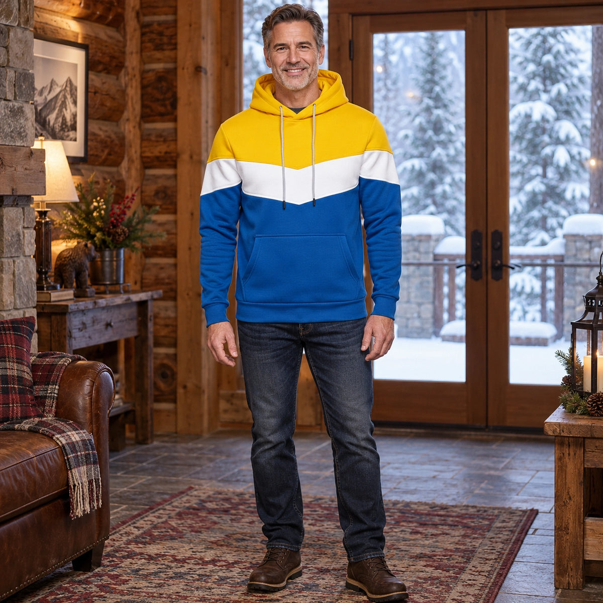 mens hoodie — Men's Color Block Pullover Hoodie — Timo, Yellow, complete front view, worn by an adult model, Usa and — view 4
