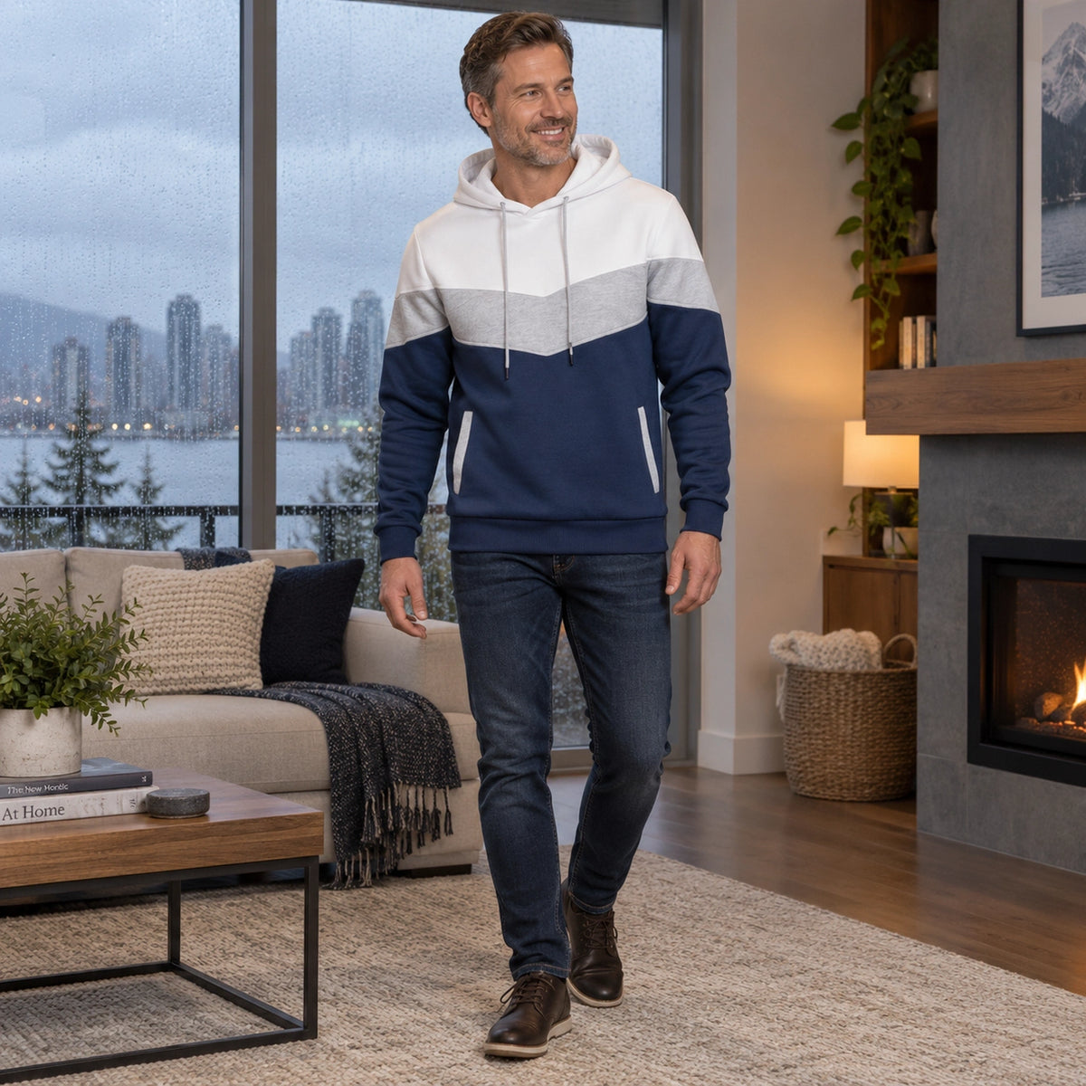 mens hoodie — Men's Color Block Pullover Hoodie — Timo, White, three quarter view, worn by an adult model, Usa and — view 6