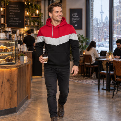 mens hoodie — Men's Color Block Pullover Hoodie — Timo, Red, view, worn by an adult model, Usa and Canada — view 7