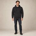 mens hoodie — Men's Drawstring Pullover Hoodie — ChillCore, Black, complete front view, worn by an adult model, professional