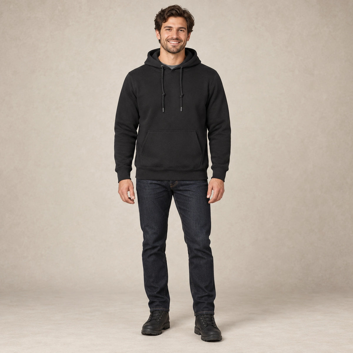 mens hoodie — Men's Drawstring Pullover Hoodie — ChillCore, Black, complete front view, worn by an adult model, professional