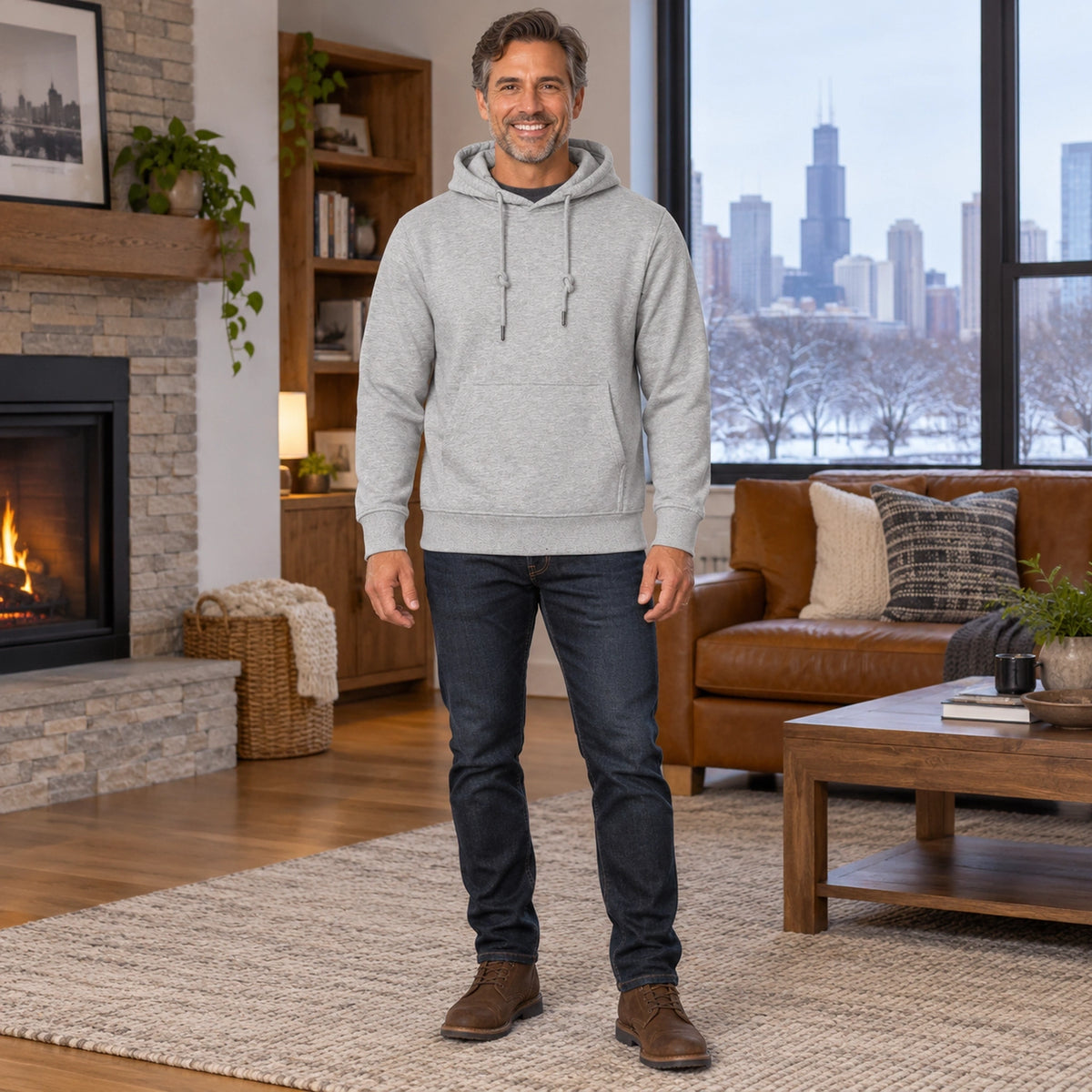 mens hoodie — Men's Drawstring Pullover Hoodie — ChillCore, Light Gray, complete front view, worn by an adult — view 10
