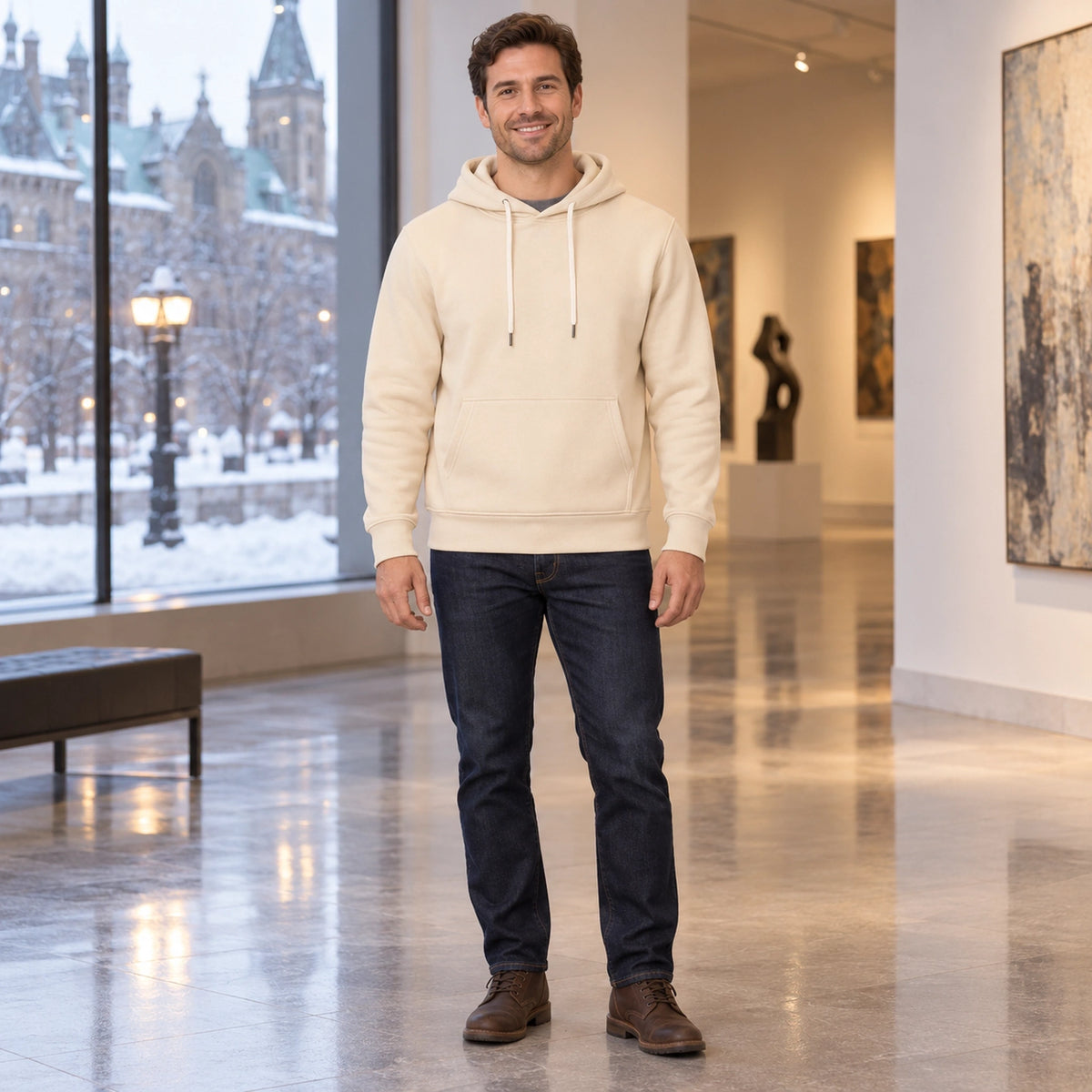 mens hoodie — Men's Drawstring Pullover Hoodie — ChillCore, Cream Beige, complete front view, worn by an adult — view 11