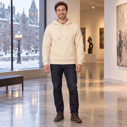 mens hoodie — Men's Drawstring Pullover Hoodie — ChillCore, Cream Beige, complete front view, worn by an adult — view 11