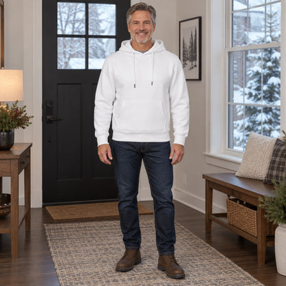 mens hoodie — Men's Drawstring Pullover Hoodie — ChillCore, White, complete front view, worn by an adult model, Usa — view 12
