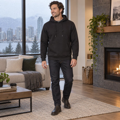 mens hoodie — Men's Drawstring Pullover Hoodie — ChillCore, Black, three quarter view, worn by an adult model, Usa — view 13