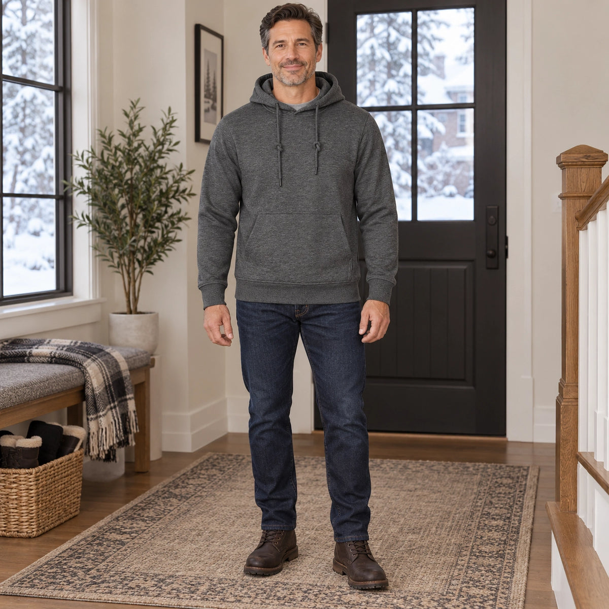mens hoodie — Men's Drawstring Pullover Hoodie — ChillCore, Dark Gray, complete front view, worn by an adult model — view 2