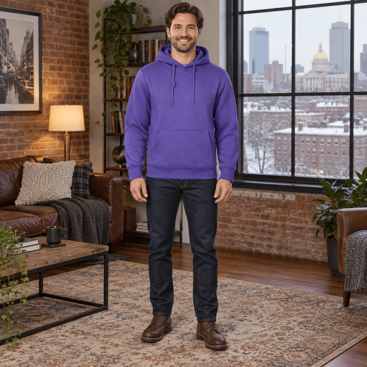 mens hoodie — Men's Drawstring Pullover Hoodie — ChillCore, Purple, complete front view, worn by an adult model, Usa — view 3
