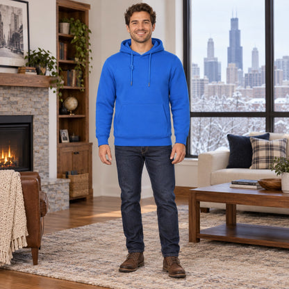 mens hoodie — Men's Drawstring Pullover Hoodie — ChillCore, Royal Blue, complete front view, worn by an adult model — view 5