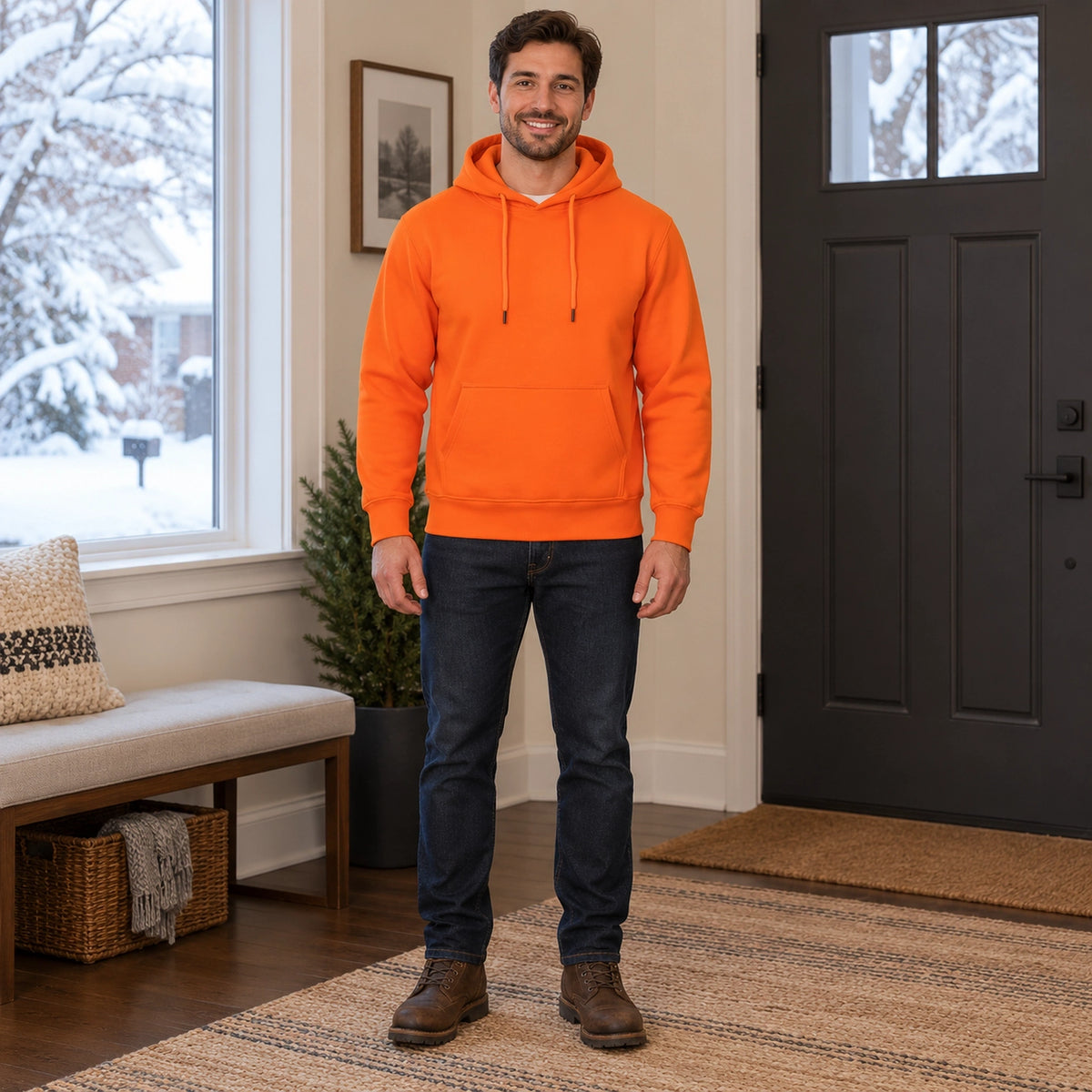 mens hoodie — Men's Drawstring Pullover Hoodie — ChillCore, Orange, complete front view, worn by an adult model, Usa — view 7
