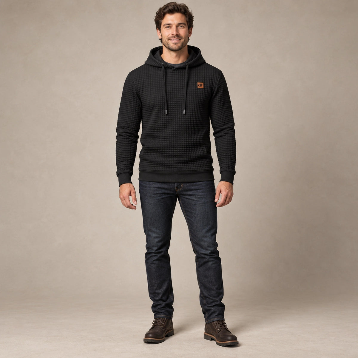 mens hoodie — Men's Grid Textured Drawstring Hoodie — Timo, Black, complete front view, worn by an adult model, professional