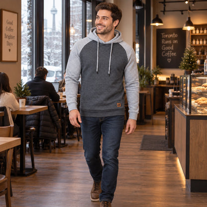 mens hoodie — Men's Grid Textured Drawstring Hoodie — Timo, Charcoal and Light Gray, view, worn by an adult model — view 13