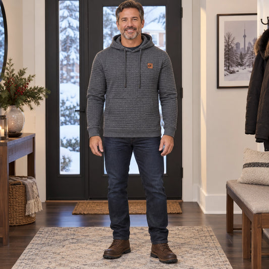 mens hoodie — Men's Grid Textured Drawstring Hoodie — Timo, Charcoal Gray, complete front view, worn by an adult — view 2