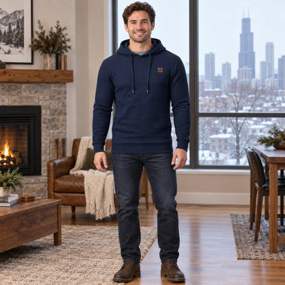 mens hoodie — Men's Grid Textured Drawstring Hoodie — Timo, Navy Blue, complete front view, worn by an adult model — view 5