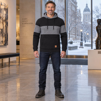 mens hoodie — Men's Grid Textured Drawstring Hoodie — Timo, Black and Gray Stripe, complete front view, worn by an — view 6