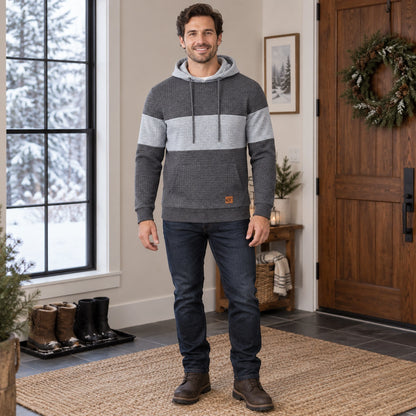 mens hoodie — Men's Grid Textured Drawstring Hoodie — Timo, Charcoal and Light Gray Stripe, complete front view — view 7