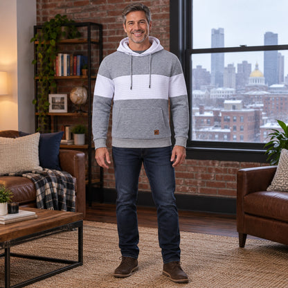 mens hoodie — Men's Grid Textured Drawstring Hoodie — Timo, Light Gray and White Stripe, complete front view, worn — view 8