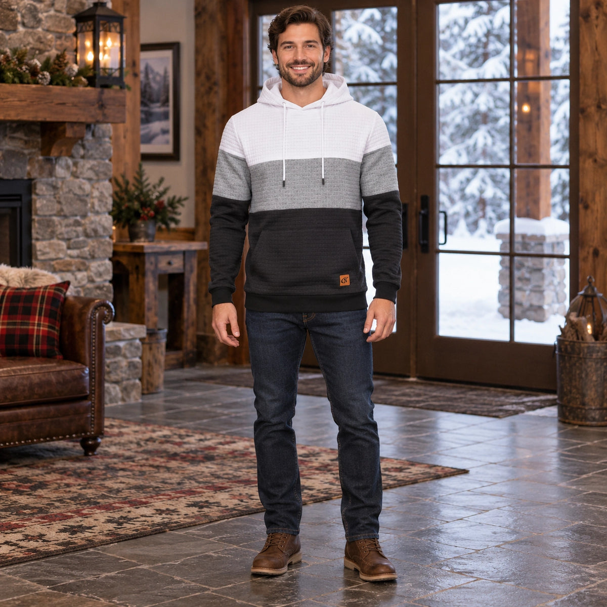 mens hoodie — Men's Grid Textured Drawstring Hoodie — Timo, White Gray and Black, complete front view, worn by an — view 9