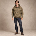 mens hoodie — Men's Half Zip Chest Pocket Hoodie — Finn, Khaki, complete front view, worn by an adult model, professional