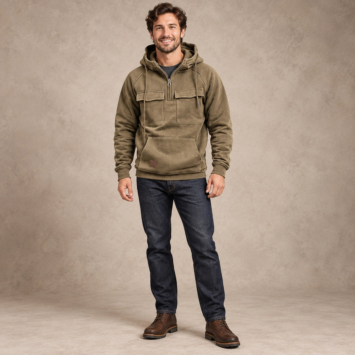 mens hoodie — Men's Half Zip Chest Pocket Hoodie — Finn, Khaki, complete front view, worn by an adult model, professional