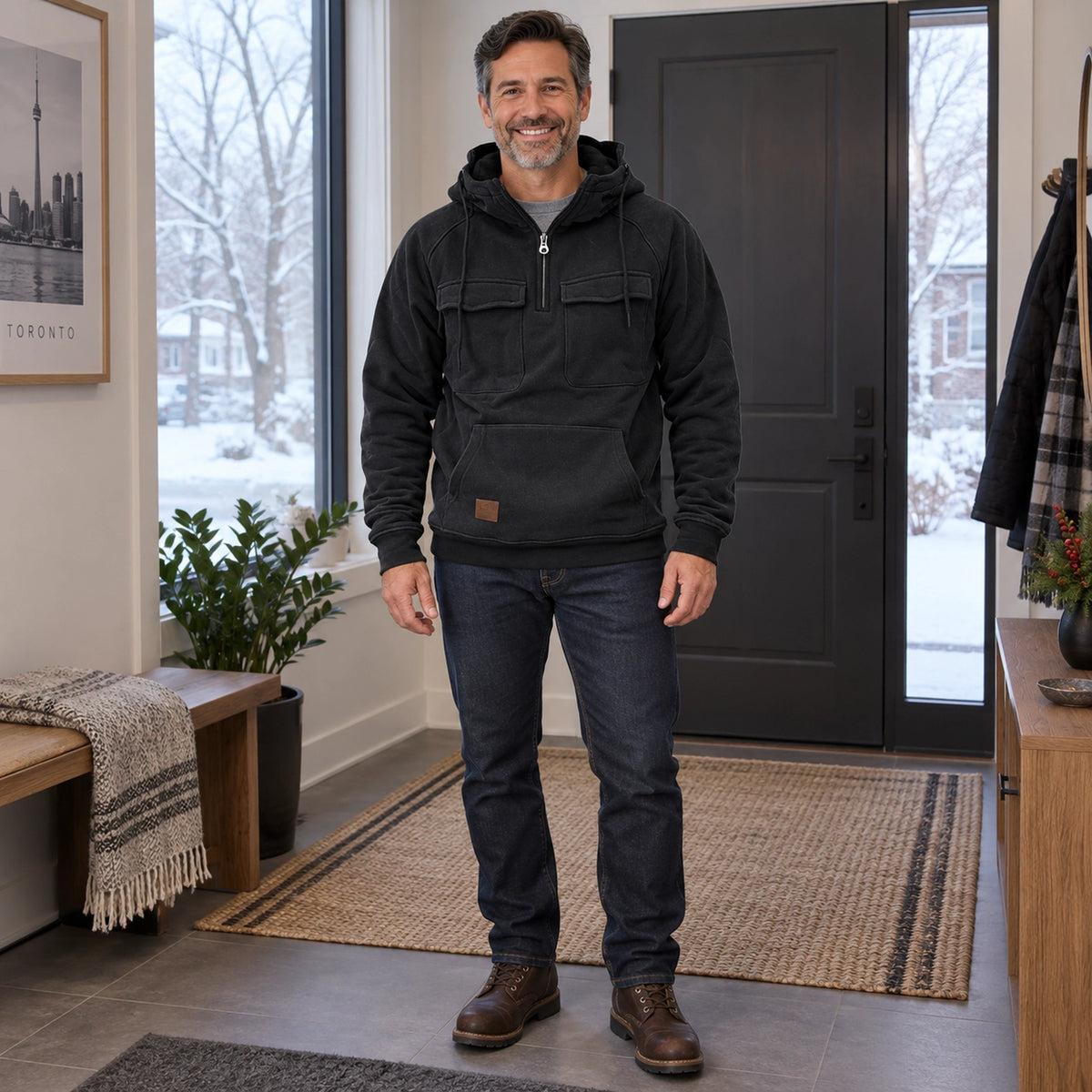 mens hoodie — Men's Half Zip Chest Pocket Hoodie — Finn, Black, complete front view, worn by an adult model, Usa and — view 2