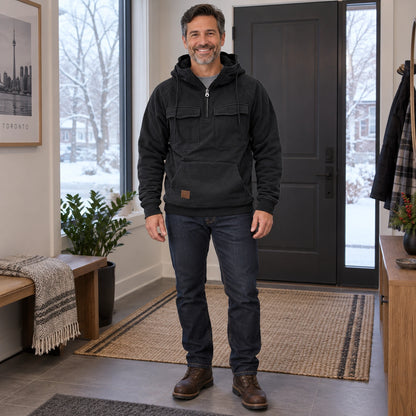 mens hoodie — Men's Half Zip Chest Pocket Hoodie — Finn, Black, complete front view, worn by an adult model, Usa and — view 2