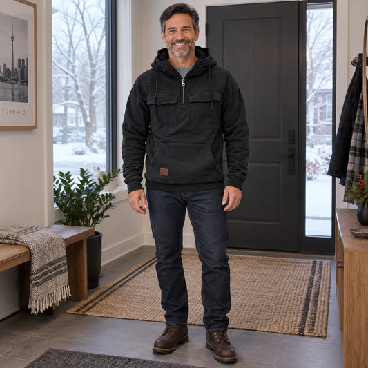 mens hoodie — Men's Half Zip Chest Pocket Hoodie — Finn, Black, complete front view, worn by an adult model, Usa and — view 2