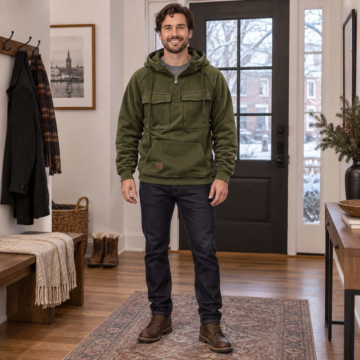 mens hoodie — Men's Half Zip Chest Pocket Hoodie — Finn, Dark Green, complete front view, worn by an adult model — view 3