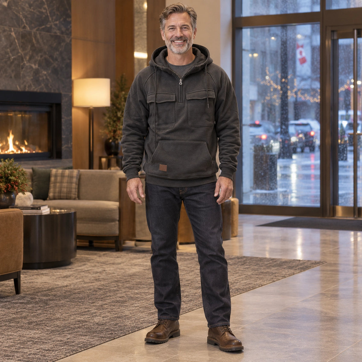 mens hoodie — Men's Half Zip Chest Pocket Hoodie — Finn, Gray, complete front view, worn by an adult model, Usa and — view 4