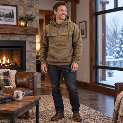 mens hoodie — Men's Half Zip Chest Pocket Hoodie — Finn, Khaki, view, worn by an adult model, Usa and Canada — view 5
