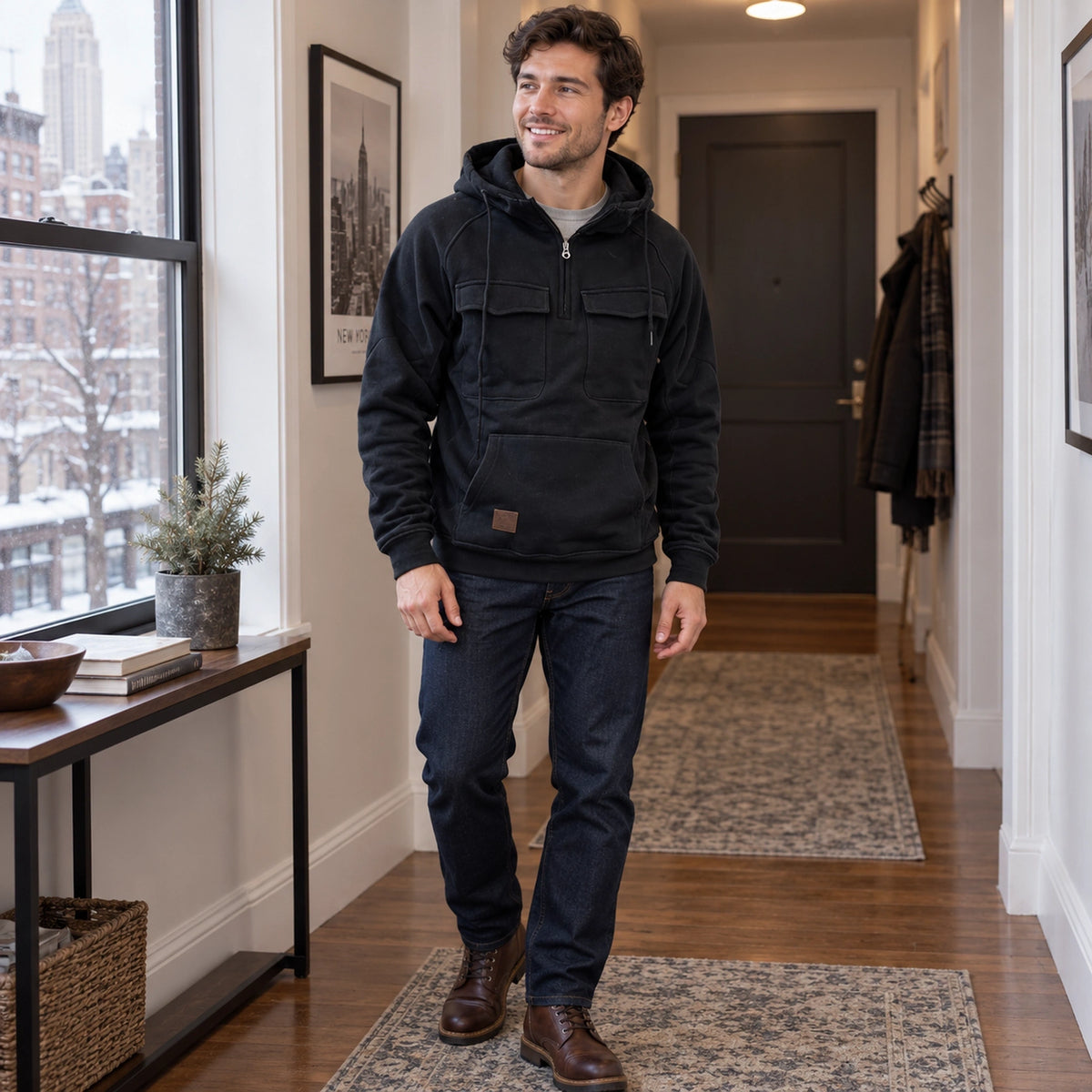 mens hoodie — Men's Half Zip Chest Pocket Hoodie — Finn, Black, view, worn by an adult model, Usa and Canada — view 6