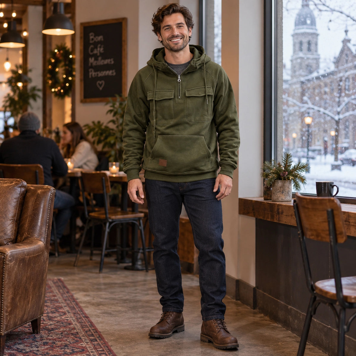 mens hoodie — Men's Half Zip Chest Pocket Hoodie — Finn, Dark Green, view, worn by an adult model, Usa and Canada — view 7